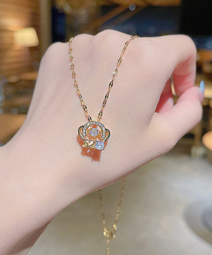 Gold Stainless Steel Overgild Zircon Crown Pendant Necklace