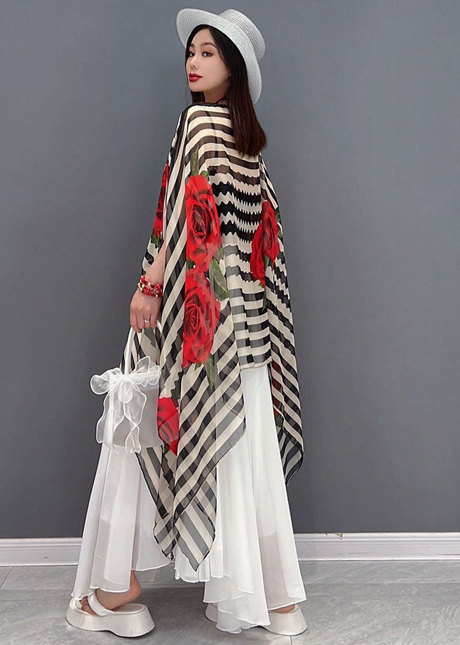 Asymmetrical Striped Chiffon Top and Skirt Two Pieces Set Summer
