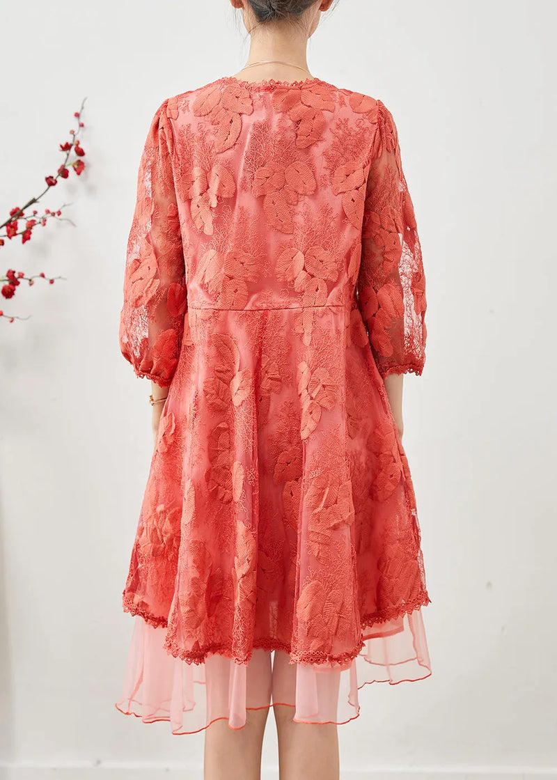 Orange Embroidered Tulle Vacation Dress Bracelet Sleeve
