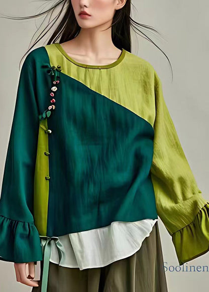 Green O-neck Patchwork Bow Shirt Flare Sleeve