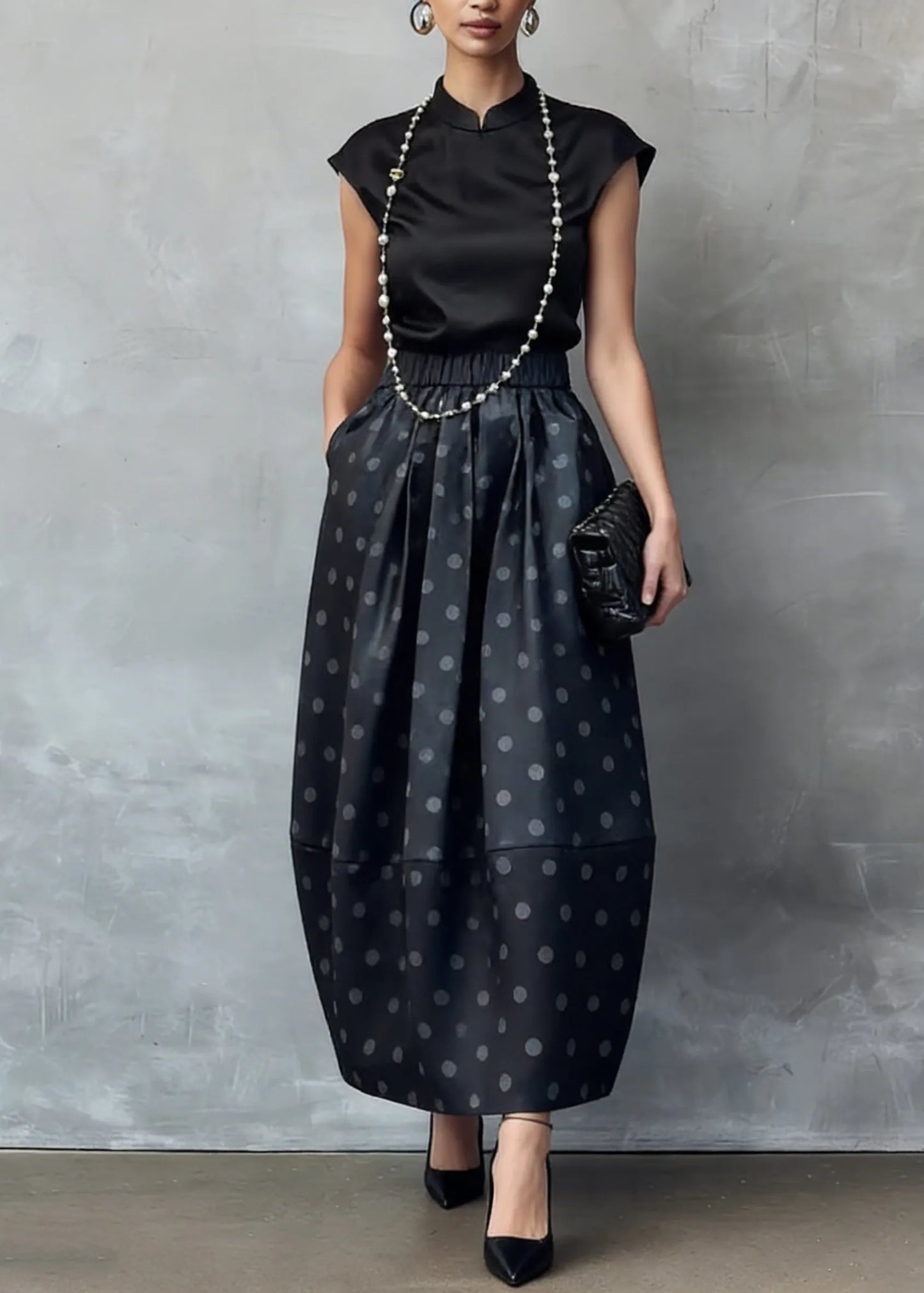 Chinese Style Black Stand Collar Shirts and Dot Skirts Silk Two Piece Set Summer