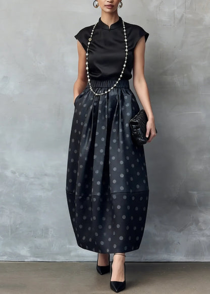 Chinese Style Black Stand Collar Shirts and Dot Skirts Silk Two Piece Set Summer