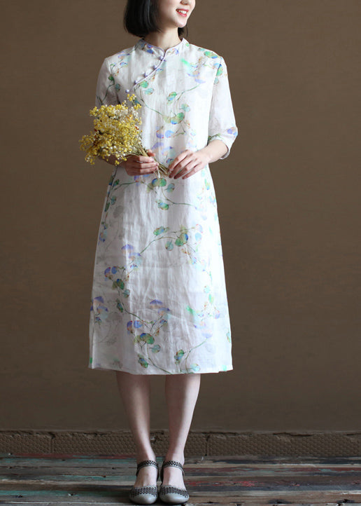 Diy Beige Stand Collar Print Button Linen Cheongsam Dress Half Sleeve