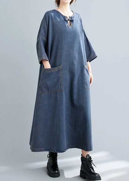 Blue O Neck Pockets Patchwork Denim Long Dresses Fall