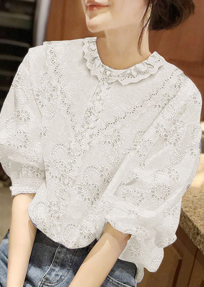 Handmade White O-neck Button Lace Shirt Half Sleeve