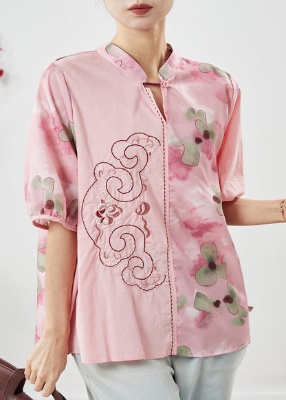 Diy Pink Embroidered Print Linen Blouses Summer