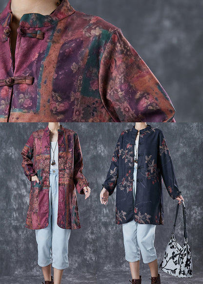 Black Tie Dye Chinese Button Linen Blouses Fall