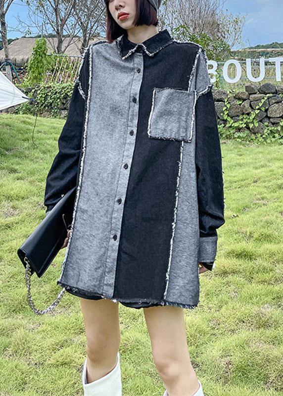 Organic Black Peter Pan Collar Button Pockets Fall Patchwork Denim Shirt Tops Long Sleeve