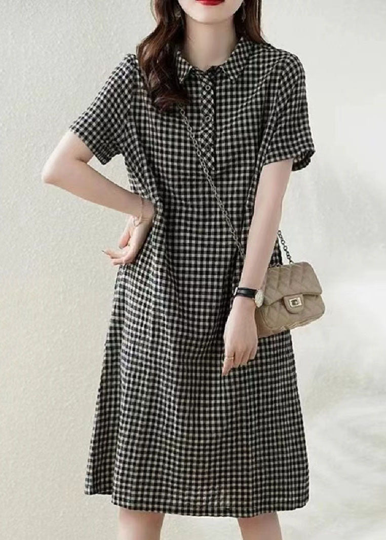Grey Peter Pan Collar Plaid Linen Vacation Dress Summer