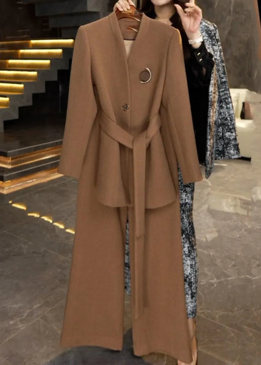 French Caramel Tie Waist Coats and Wide Leg Pants Two Piece Set Winter