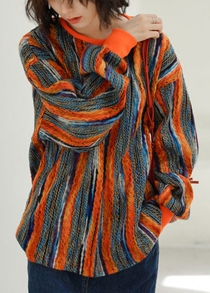 Striped O Neck Patchwork Knitted Cotton Thread Tops Long Sleeve