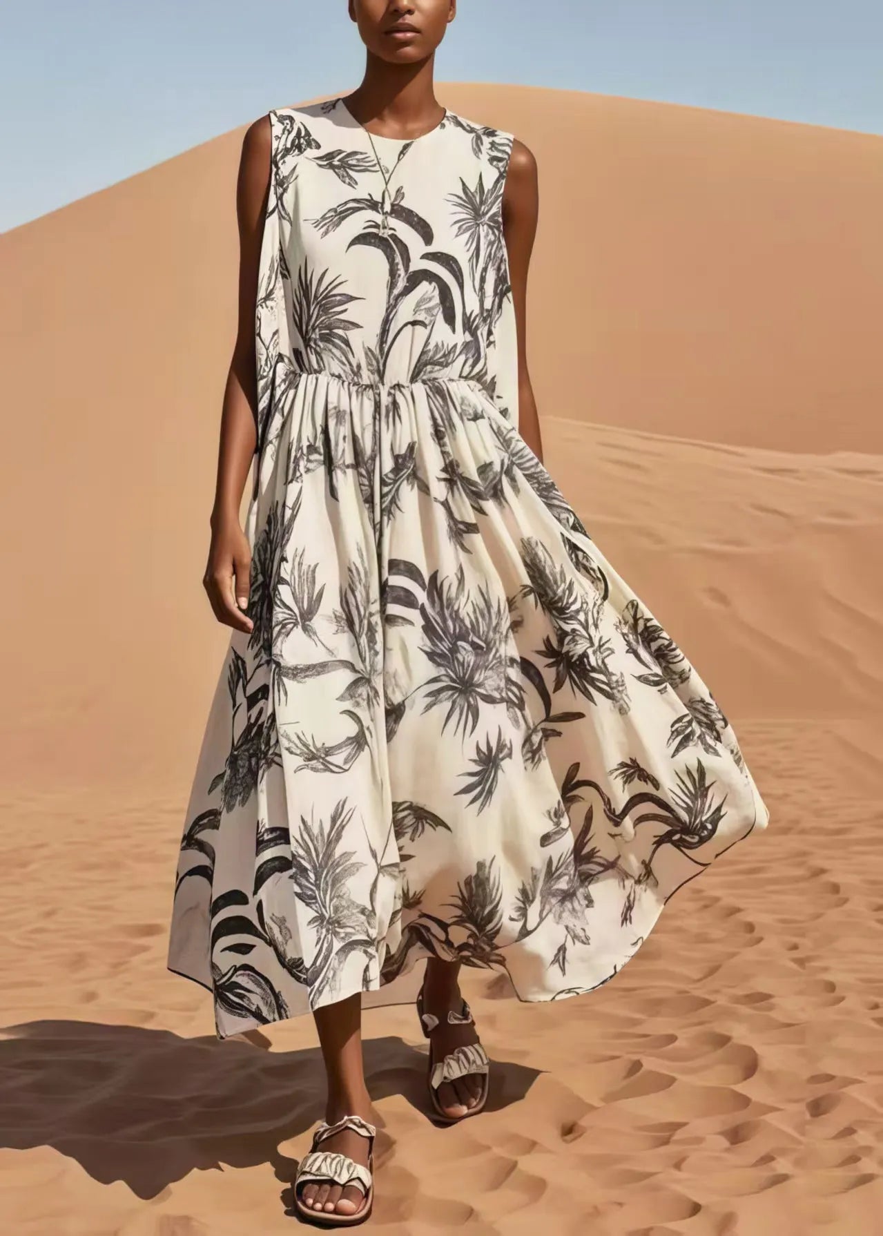 Simple White Print Exra Large Hem Cotton Long Dresses Sleeveless