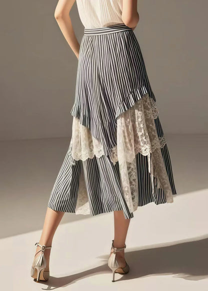 Blue Striped Asymmetrical Patchwork Lace Skirts Summer