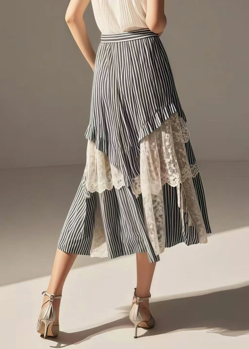 Blue Striped Asymmetrical Patchwork Lace Skirts Summer