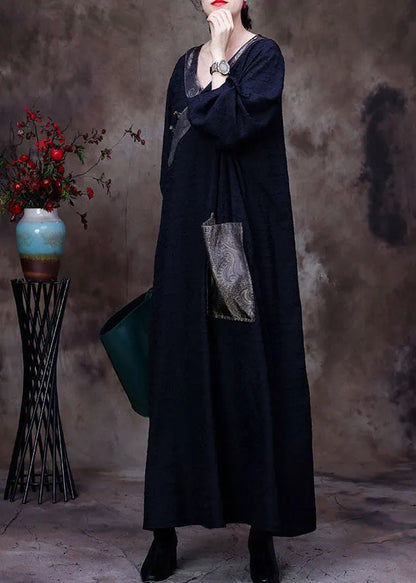 Black V Neck Patchwork Pocket Wrinkled Silk Dress Long Sleeve
