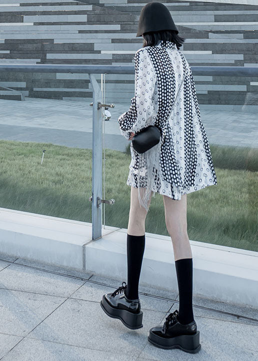 Stylish Black Peter Pan Collar Dot Print Chiffon Long Shirts and Shorts Two Piece Set Short Sleeve