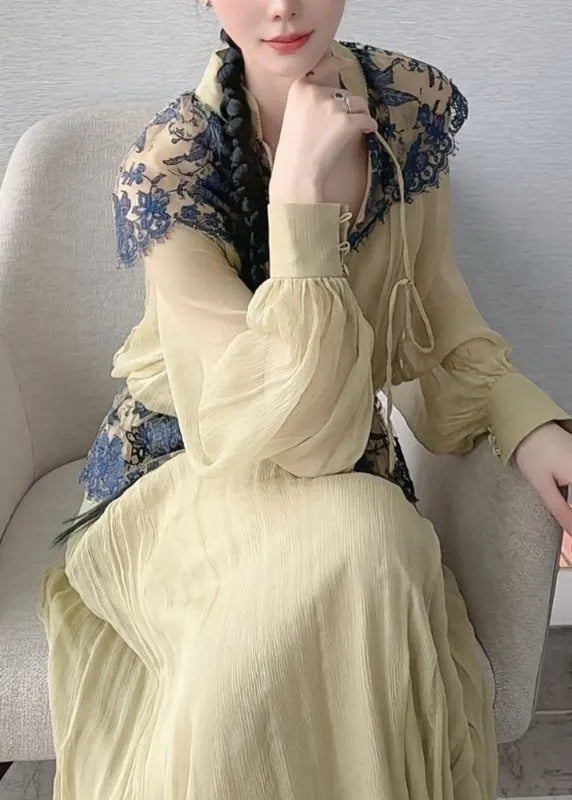 Light Green Lace Patchwork Top and Maxi Skirts Two Piece Set Lantern Sleeve