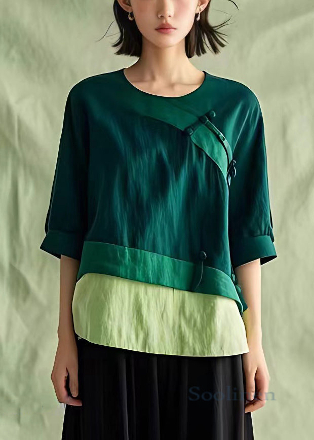 New Green O Neck Button Linen Blouses Half Sleeve