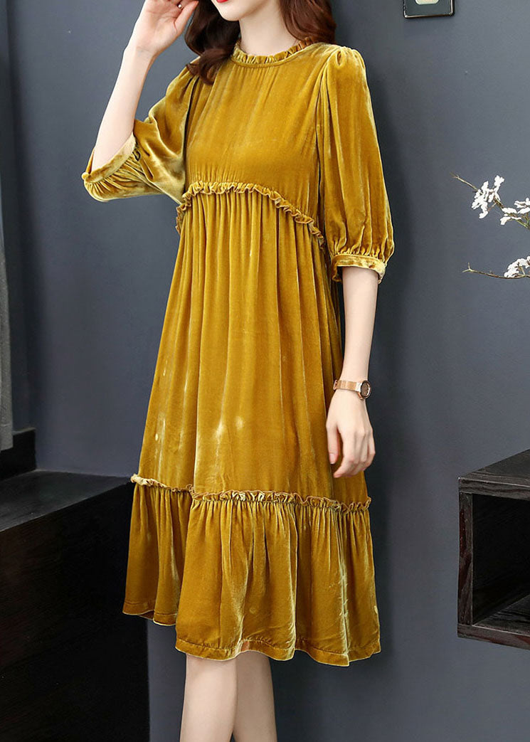 Yellow Wrinkled Velour Dress Half Sleeve Spring