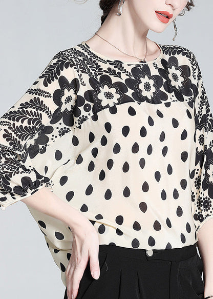 Apricot O-neck Print Silk Shirts Long Sleeve