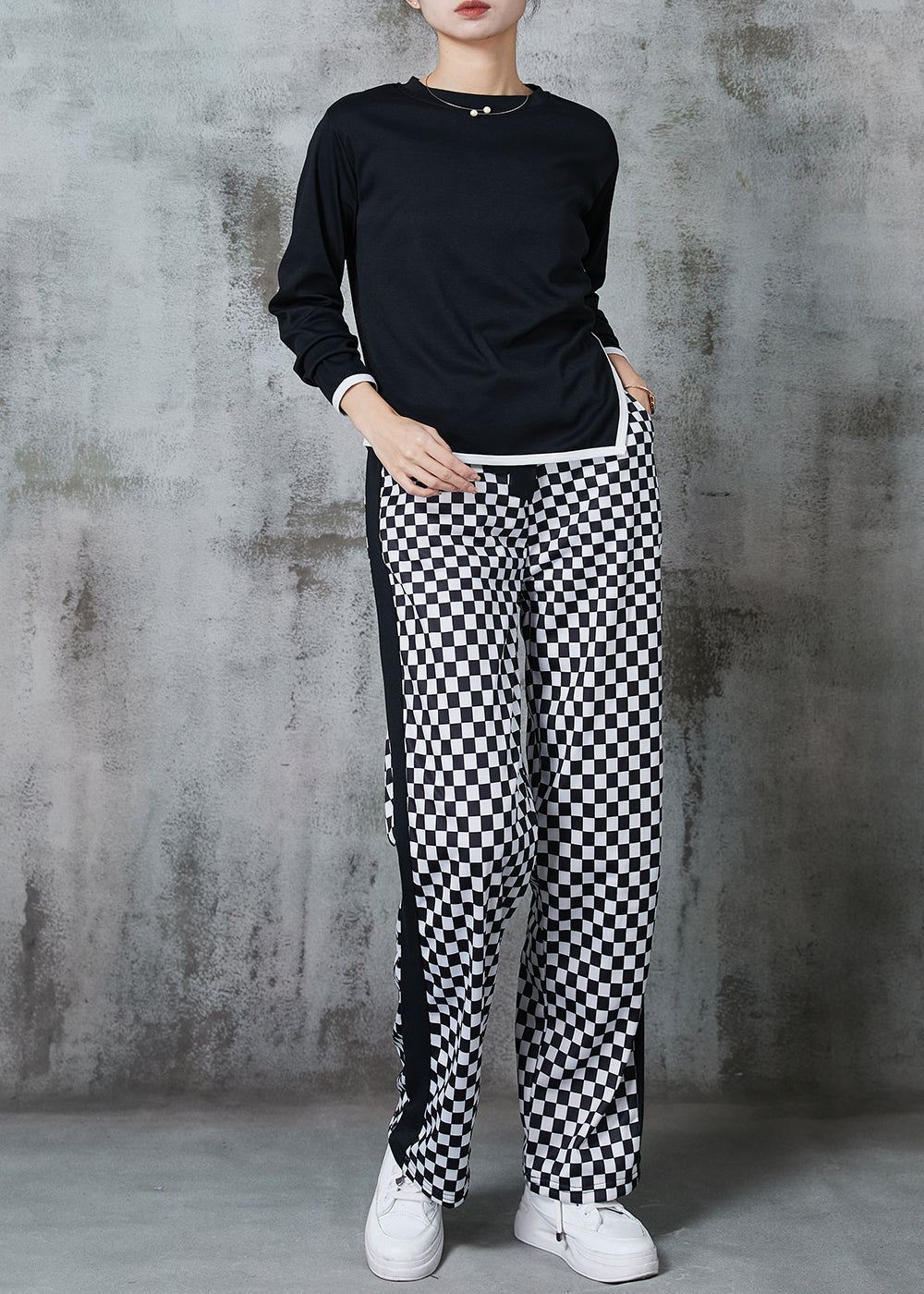 Black Plaid Side Open Cotton Two Pieces Set Spring