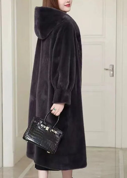 Black Patchwork Mink Velvet Hooded Maxi Trench Coat Winter