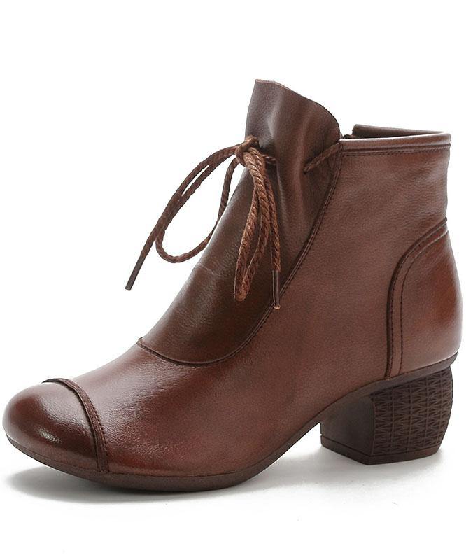 Brown Chunky Cowhide Leather Simple Splicing Ankle Boots