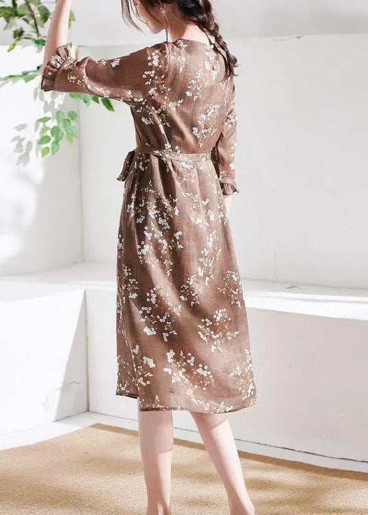 Chocolate Ruffled Patchwork Print Summer Ramie Dress Half Sleeve