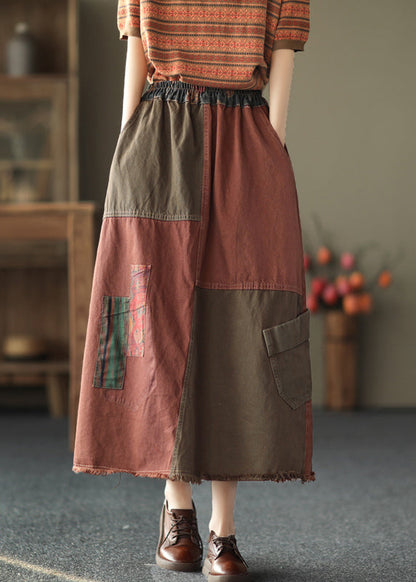 Red Patchwork Elastic Waist Pockets Cotton Denim a Line Skirts Fall