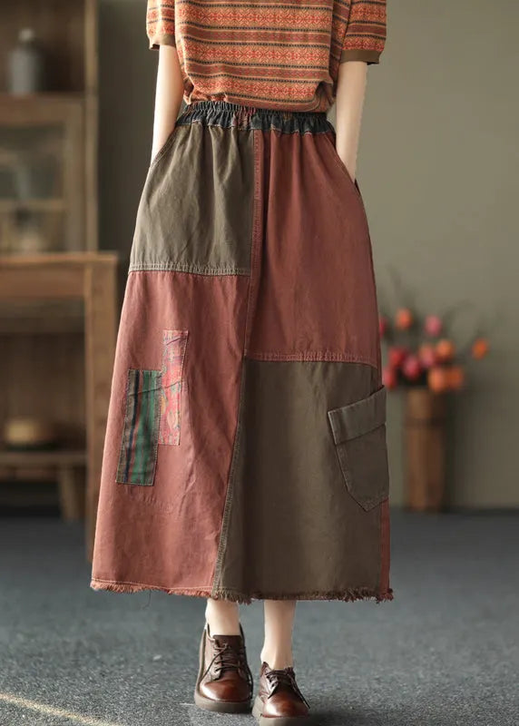 Red Patchwork Elastic Waist Pockets Cotton Denim a Line Skirts Fall
