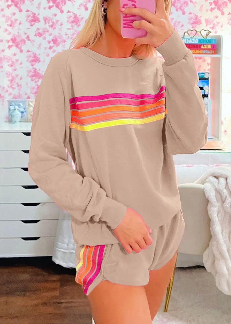 Loose Pink Striped T Shirt and Shorts Cotton Two Pieces Set Spring
