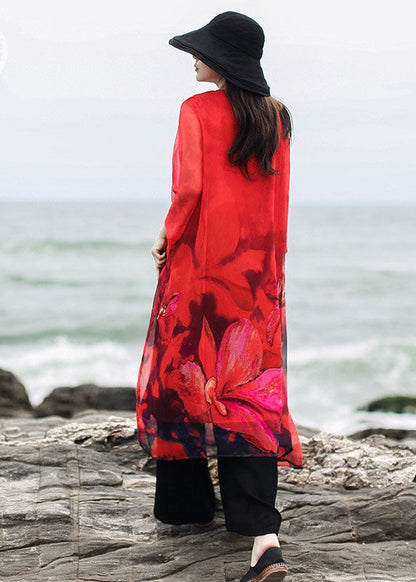 Natural Red Print Chiffon Maxi Dress Three Quarter Sleeve