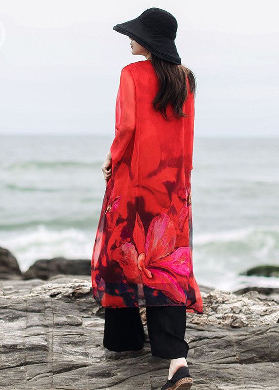 Natural Red Print Chiffon Maxi Dress Three Quarter Sleeve