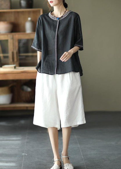 Natural Black O-neck Embroideried Summer Ramie Blouses Half Sleeve