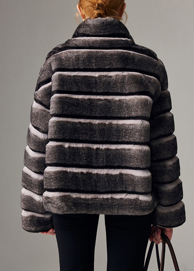 Italian Striped Stand Collar Pockets Leather and Fur Coat Winter