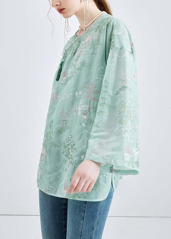 Green Embroidered Button Chiffon 2 Piece Outfit Spring