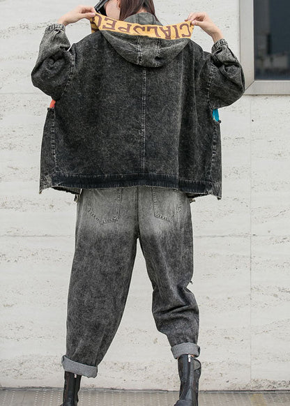 Fitted Denim Patchwork Knit Hooded Pockets Fall Coat Long Sleeve
