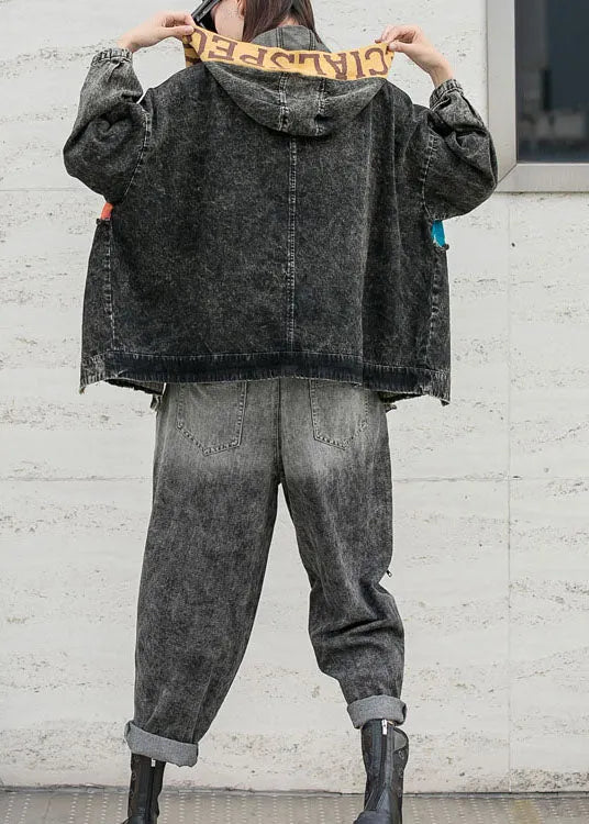 Fitted Denim Patchwork Knit Hooded Pockets Fall Coat Long Sleeve