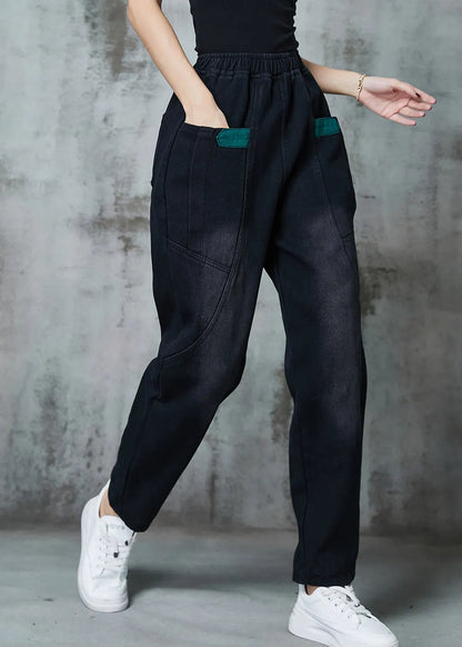 Black Pockets Warm Fleece Denim Pants Spring
