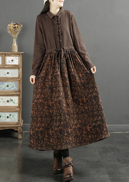 Coffee Ruffled Print Knit Patchwork Long Dress Long Sleeve