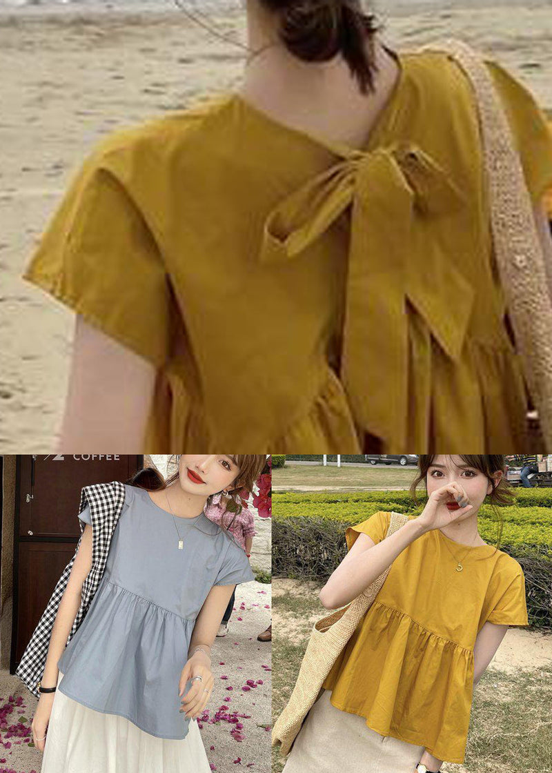 Yellow O-neck Patchwork Bow Cotton Shirt Top Short Sleeve