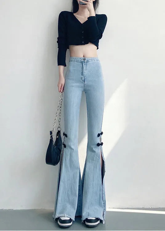 Diy Light Blue Chinese Button Side Open Denim Flare Bottoms Spring
