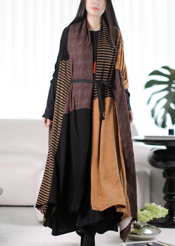 Yellow Asymmetrical Design Patchwork Maxi Trench Coats Winter