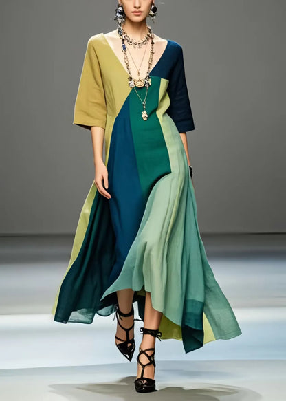 Multicolour V Neck Exra Large Hem Cotton Long Dress Summer