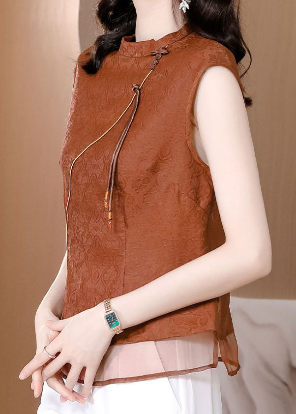 Brown Tasseled Patchwork Jacquard Silk Shirt Sleeveless