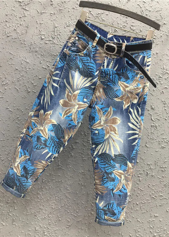 Blue Print High Waist Sashes Harem Pants