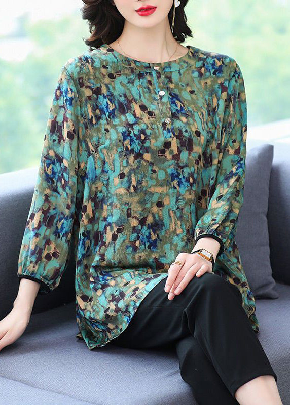 Green O Neck Print Patchwork Cotton Top Fall
