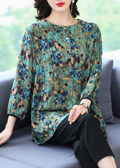 Green O Neck Print Patchwork Cotton Top Fall