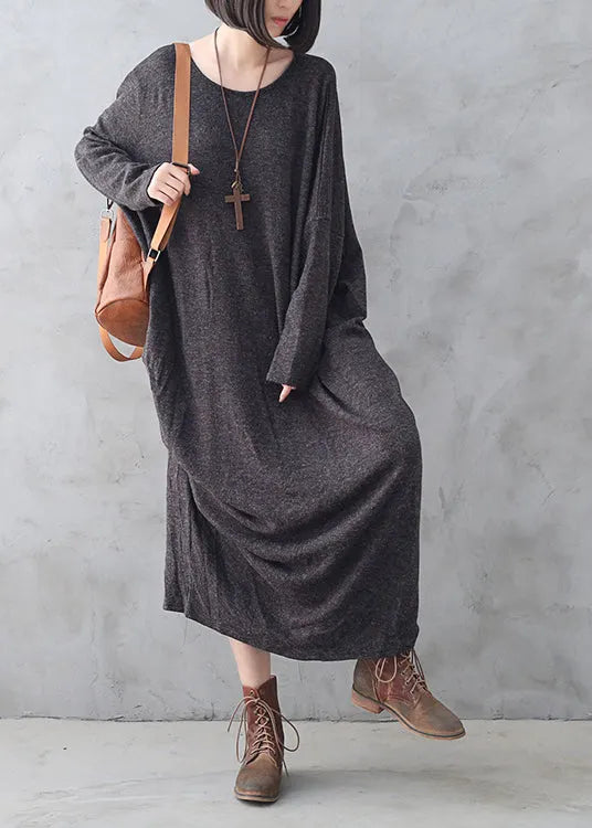 Dark Grey O-neck Asymmetrical Wool Knit Maxi Sweater Dress Fall
