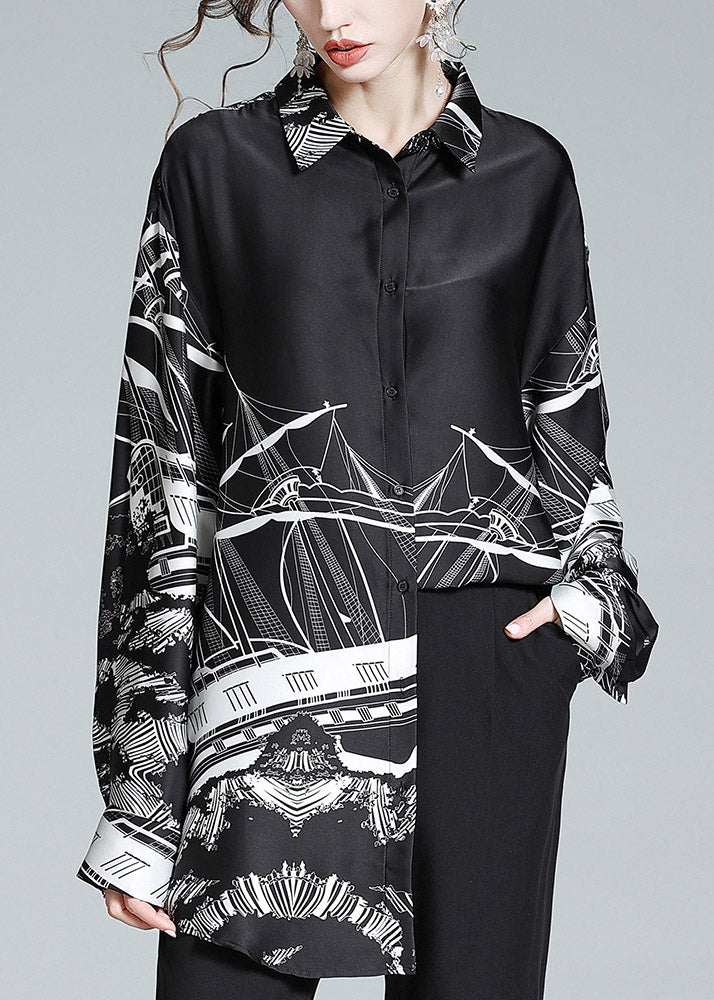 Black Peter Pan Collar Print Button Silk Shirt Long Sleeve